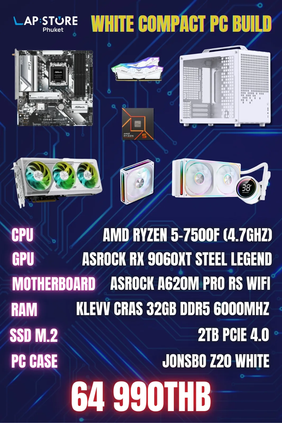 White Compact PC Build AMD Ryzen 5 7500F / ASRock RX 9060XT Steel Legend / 32GB DDR5 / 2TB SSD / ASRock A620M Pro RS WiFi / Jonsbo Z20 White
